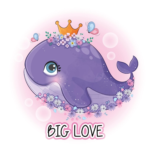 Cute animal whale queen with butterfly illustrationIllustration of background