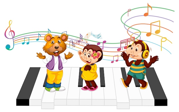 Cute animals cartoon character standing on piano