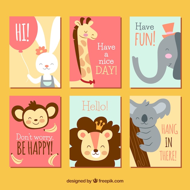 Cute animals on colorful cards