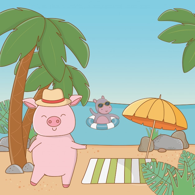 Free Vector cute animals enjoying summer vacations