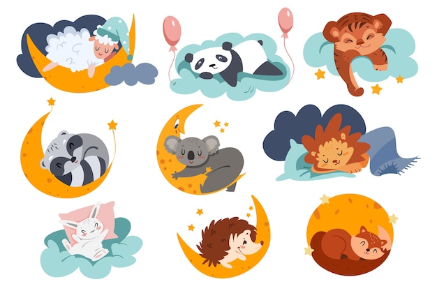 Cute animals sleep on clouds and moon