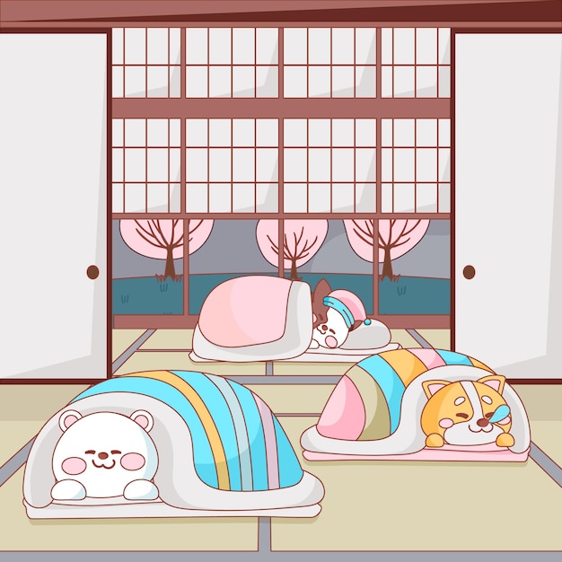 Free Vector cute animals sleeping on a futon indoors