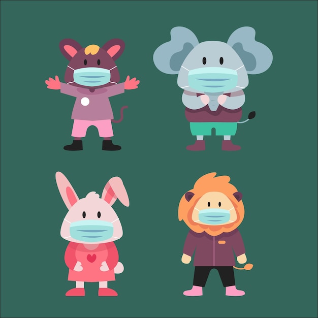 Free Vector cute animals wearing face masks