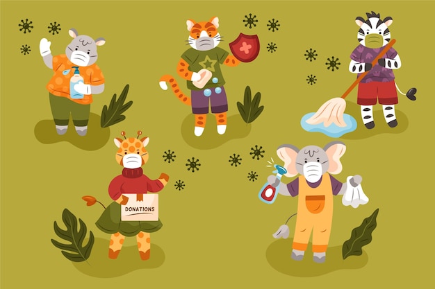 Free Vector cute animals wearing face masks