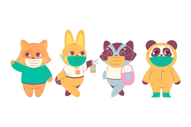 Free Vector cute animals wearing face masks