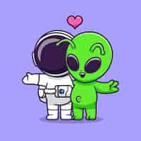 Free vector cute astronaut and alien couple together cartoon vector icon illustration science technology icon