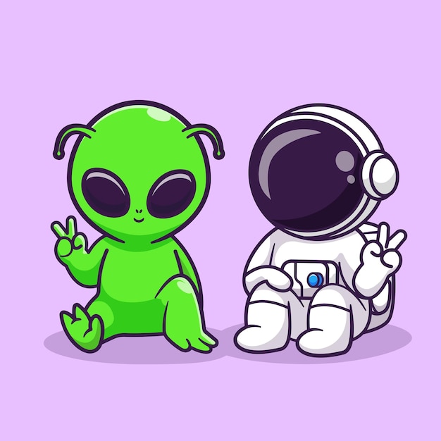 Free vector cute astronaut and alien sitting with peace hand cartoon vector icon illustration. science techno