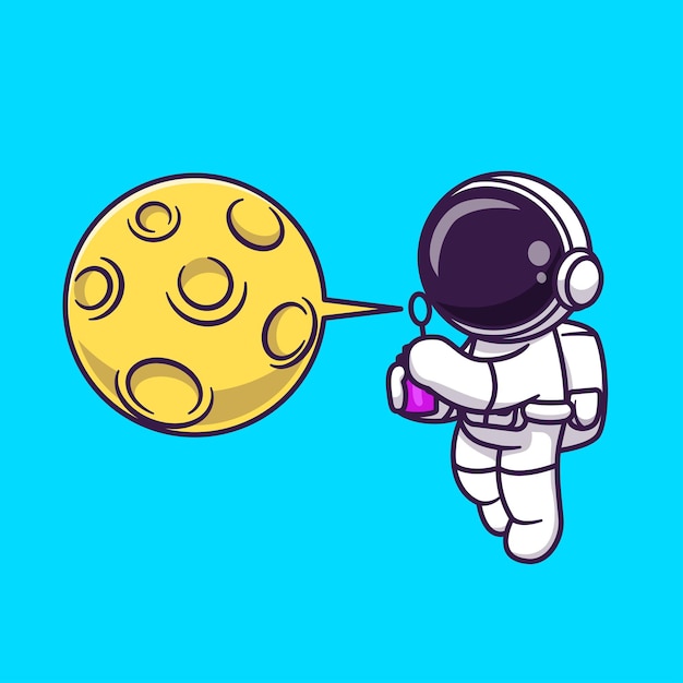 Cute Astronaut Blowing Moon Bubble Balloon Cartoon Vector Icon Illustration. Science Technology Icon Concept Isolated Premium Vector. Flat Cartoon Style