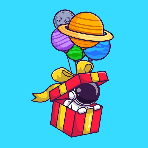 Cute Astronaut In Box Floating With Planet Balloon Cartoon Vector Icon Illustration Flat Cartoon