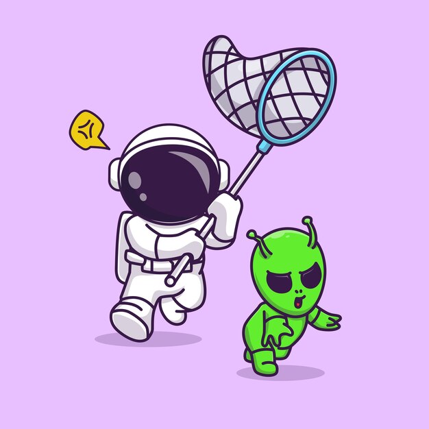 Cute Astronaut Catching Alien With Fishing Net Cartoon Vector Icon Illustration Science Technology