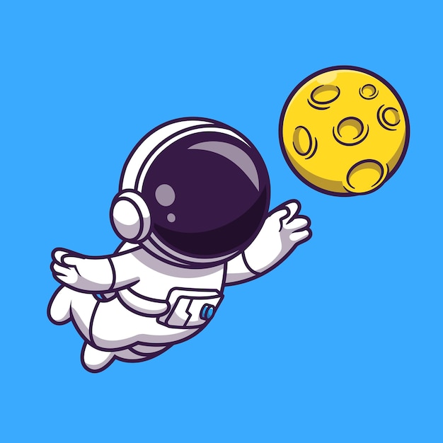 Cute Astronaut Catching Moon Cartoon Vector Icon Illustration