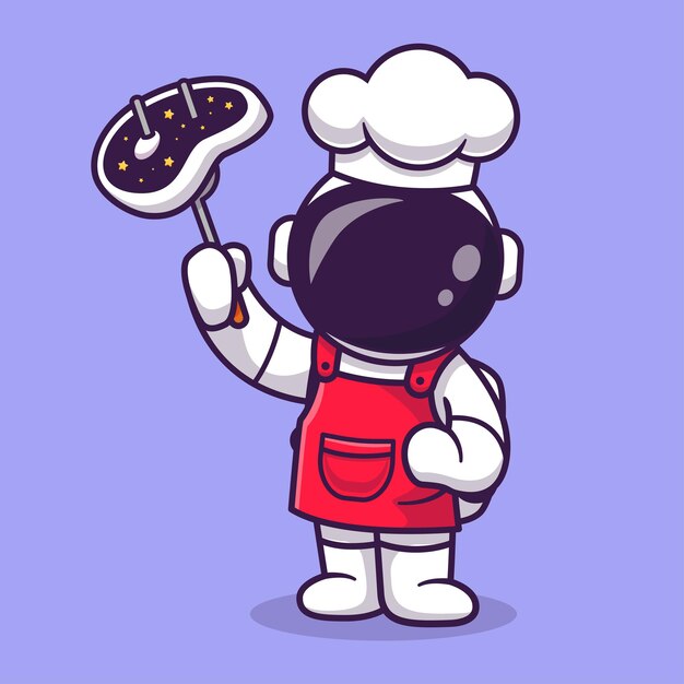 Cute Astronaut Chef With Grilled Meat Cartoon Vector Icon Illustration. Science Food Icon Concept Isolated Premium Vector. Flat Cartoon Style