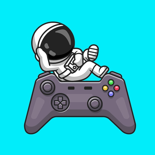 Cute Astronaut Chill Relaxation on Game Controller Cartoon Vector Icon Illustration. Technology Science Icon Concept Isolated Premium Vector. Flat Cartoon Style