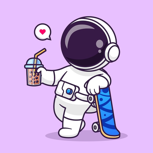 Cute Astronaut Drink Boba Milk Tea With Skateboard Cartoon Vector Icon Illustration Science Drink