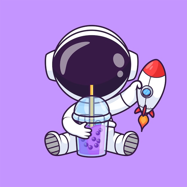 Free Vector cute astronaut drinking boba milk tea with rocket cartoon vector icon illustration science drink