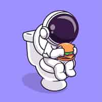 Free vector cute astronaut eating burger in toilet cartoon vector icon illustration science food flat cartoon