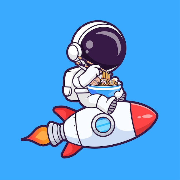 Free Vector cute astronaut eating ramen noodle with chopstick on rocket cartoon vector icon illustration flat