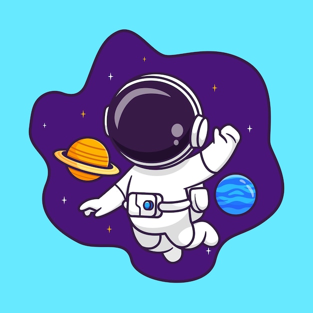 Cute Astronaut Floating In Space With Planet Cartoon Vector Icon Illustration Science Technology