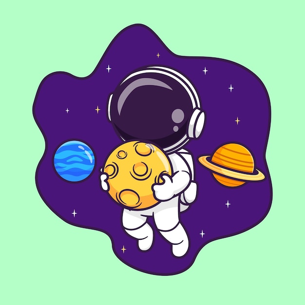 Cute Astronaut Floating In Space With Planet And Holding Moon Cartoon Vector Icon Illustration