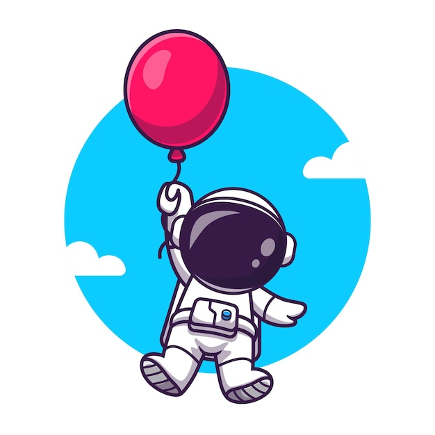 Cute Astronaut Floating With Balloon Cartoon Vector Icon Illustration. Science Technology Icon Concept Isolated Premium Vector. Flat Cartoon Style