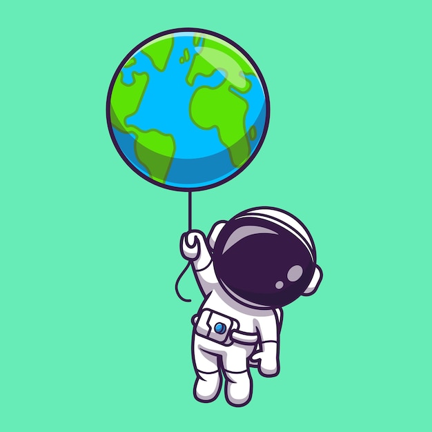 Cute Astronaut Floating With Earth World Balloon Cartoon Vector Icon Illustration. Science Technology Icon Concept Isolated Premium Vector. Flat Cartoon Style.