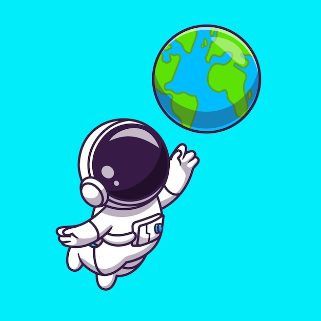 Cute Astronaut Floating With Earth World Cartoon Vector Icon Illustration. Technology Science Icon Concept Isolated Premium Vector. Flat Cartoon Style