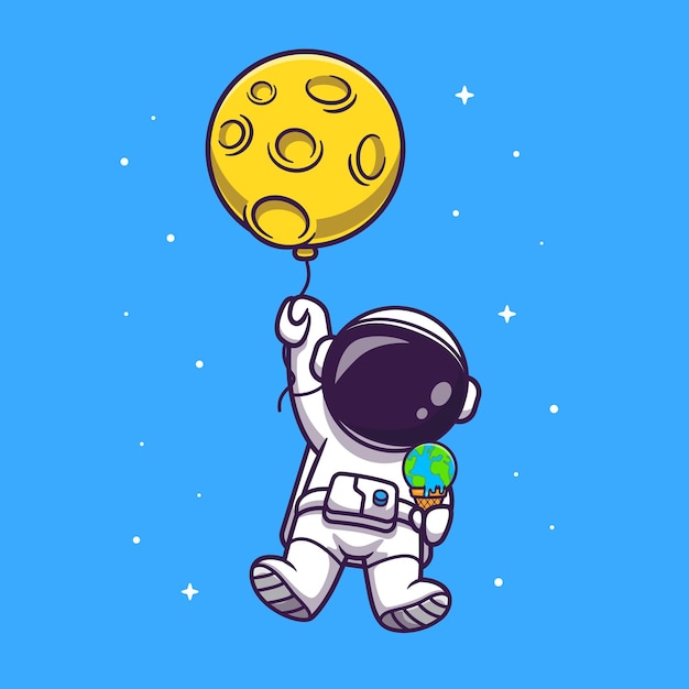 Cute Astronaut Floating With Moon Balloon And Earth Ice Cream Illustration