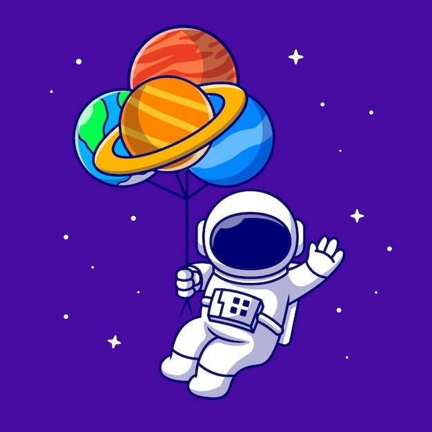 Cute Astronaut Floating With Planet balloons In Space Cartoon   Icon Illustration. Technology Science Icon   Isolated    . Flat Cartoon Style