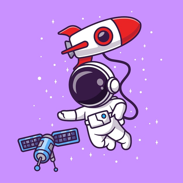 Cute Astronaut Floating with Satellite and Rocket In Space Cartoon Vector Icon Illustration Science