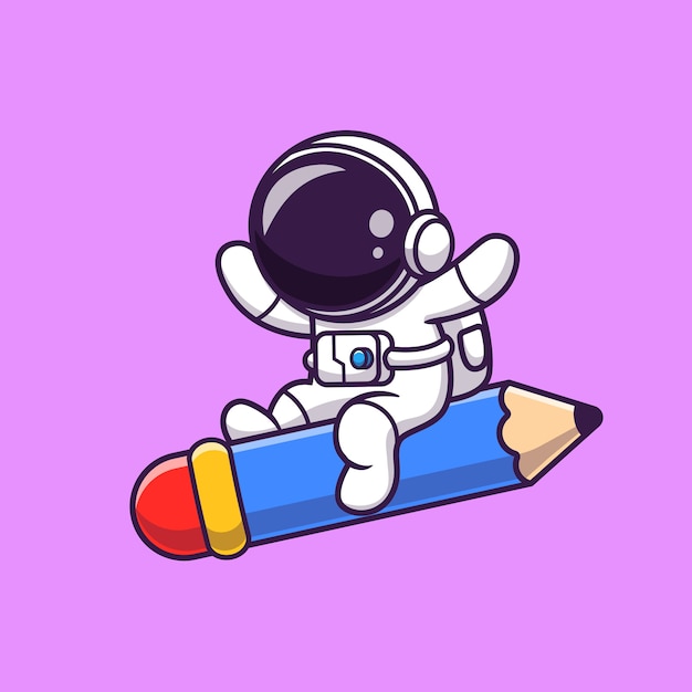 Cute Astronaut Flying With Pencil Rocket Cartoon