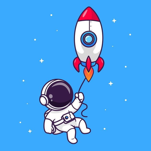 Cute Astronaut Flying With Rocket In Space Cartoon Vector Icon Illustration Science Technology Icon