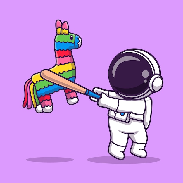 Cute Astronaut Hit Pinata Cartoon Vector Icon Illustration Science Holiday Icon Concept Isolated