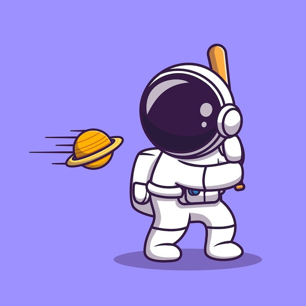 Cute Astronaut Hit Planet Ball With Baseball Stick Cartoon