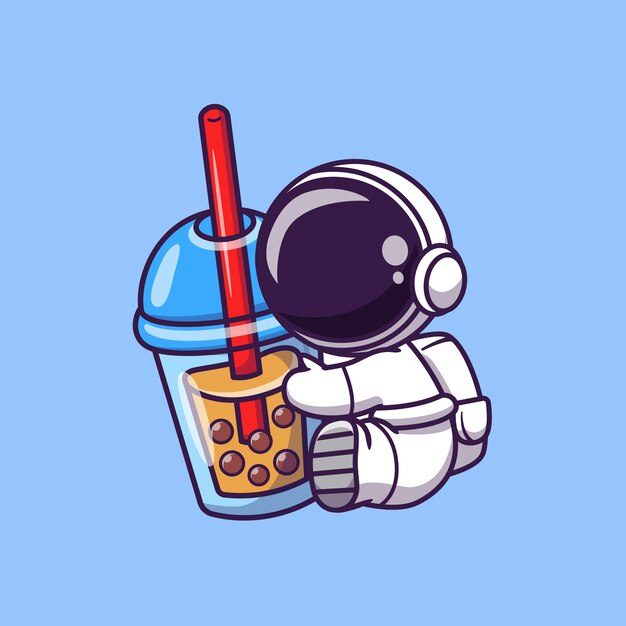 Cute Astronaut Holding Boba Milk Tea Cartoon Vector Icon Illustration. Space Food And Drink Icon 