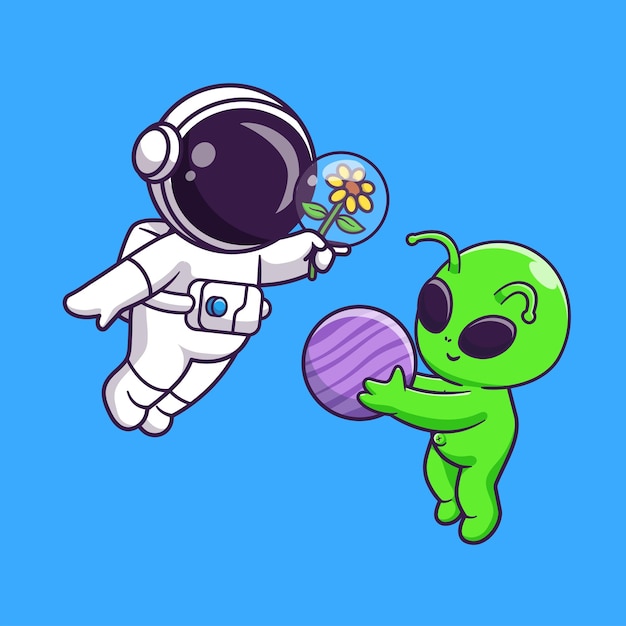 Free vector cute astronaut holding flower and alien holding planet cartoon vector icon illustration science tech