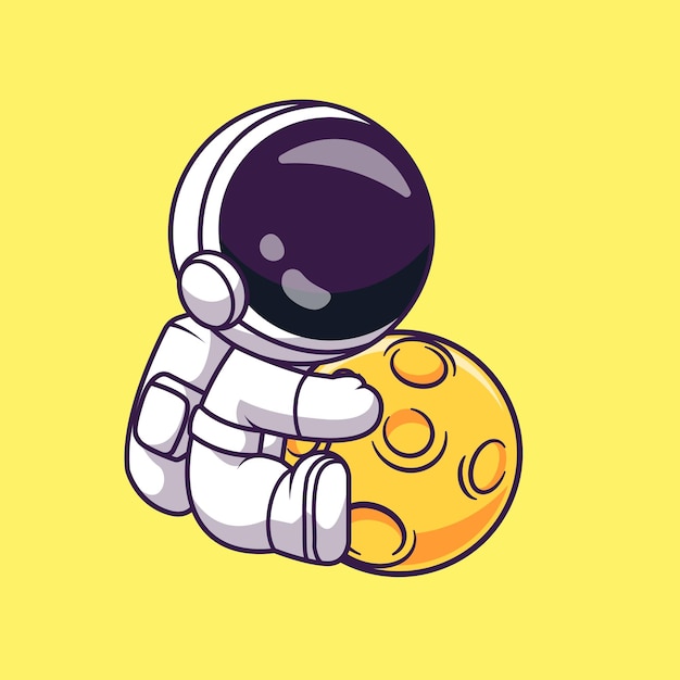 Cute Astronaut Holding Moon Ball Cartoon Vector Icon Illustration Science Technology Isolated Flat