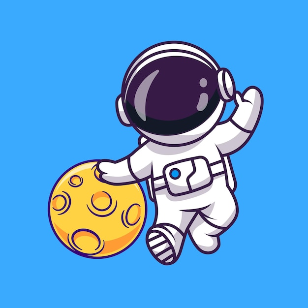 Cute Astronaut Holding Moon Ball Cartoon Vector Icon Illustration Science Technology Isolated Flat