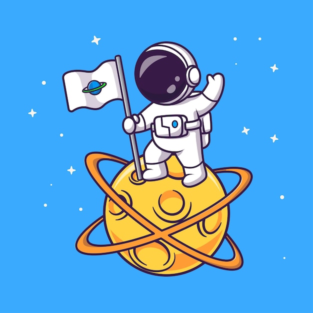 Free Vector cute astronaut holding planet flag on moon cartoon vector icon illustration. science technology icon