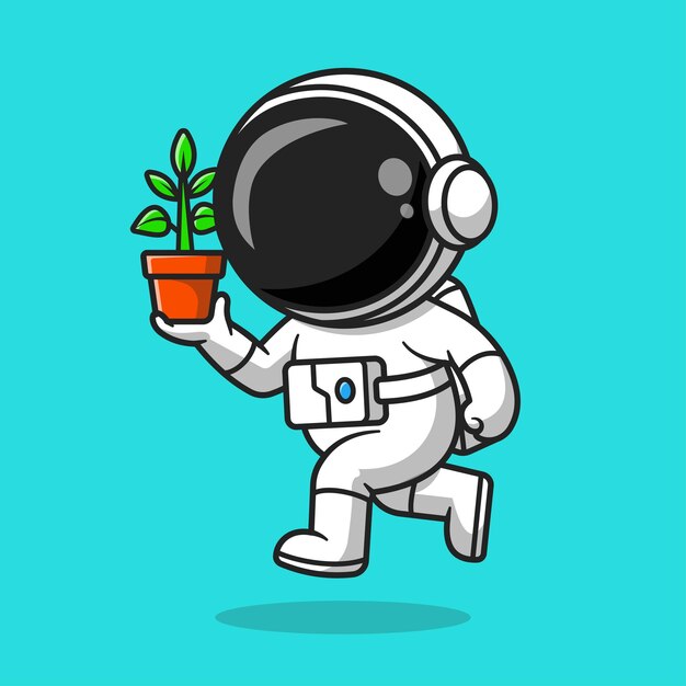 Cute Astronaut Holding Plant In A Pot Cartoon Vector Icon Illustration. Technology Nature Icon Concept Isolated Premium Vector. Flat Cartoon Style