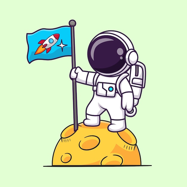 Cute Astronaut Holding Rocket Flag on Moon Cartoon Vector Icon Illustration. Science Technology Icon