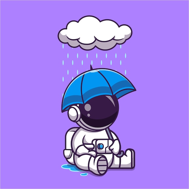 Free vector cute astronaut holding umbrella in rain cartoon vector icon illustration science technology flat