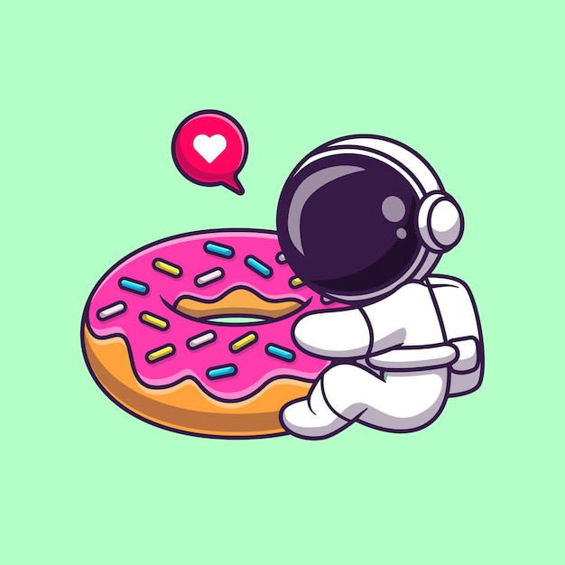 Cute Astronaut Hug Doughnut Cartoon Vector Icon Illustration. Science Food Icon Concept Isolated Premium Vector. Flat Cartoon Style