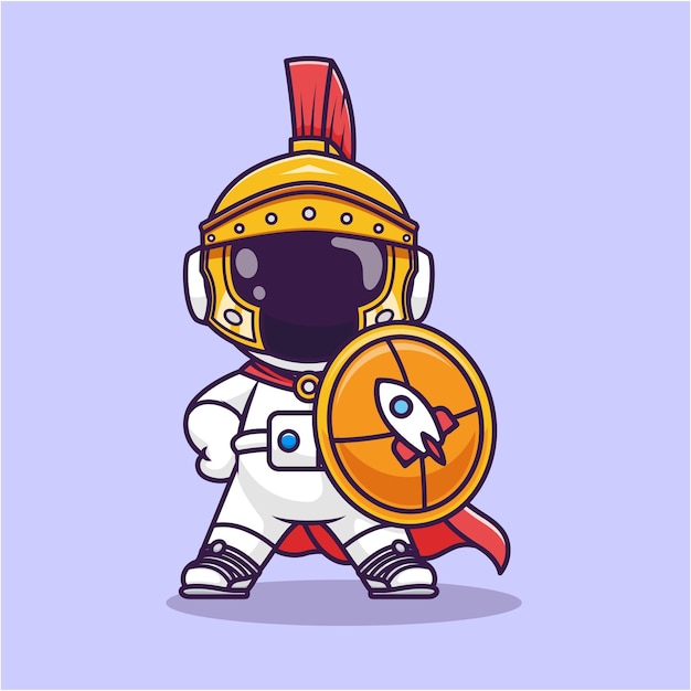 Free vector cute astronaut knight with shield cartoon vector icon illustration science holiday icon isolated