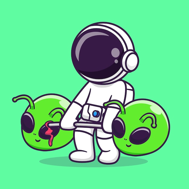 Cute Astronaut Lifting Alien Head Barbell Cartoon Vector Icon Illustration Science Sport Isolated