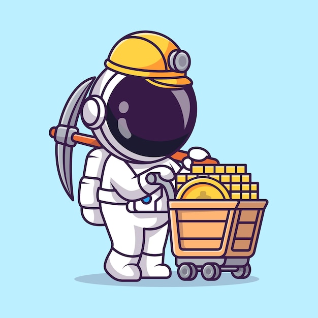 Cute Astronaut Mining Gold Coin Cartoon Vector Icon Illustration. Science Finance Icon Isolated Flat