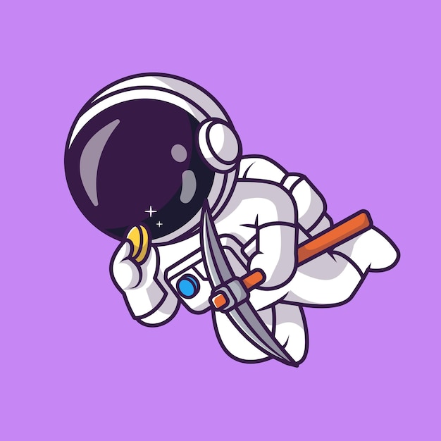 Free vector cute astronaut mining gold coin with pickaxe cartoon vector icon illustration. science finance icon