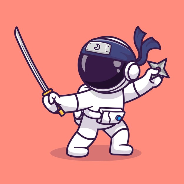 Cute Astronaut Ninja Holding Sword And Shuriken Cartoon Vector Icon Illustration Science Technology