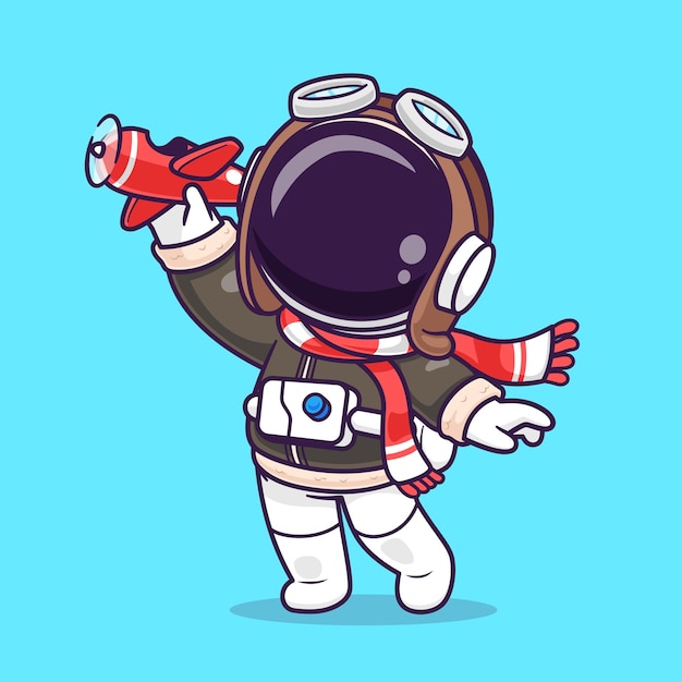 Cute Astronaut Pilot Playing Plane Toy Cartoon Vector Icon Illustration Science Transportation Icon