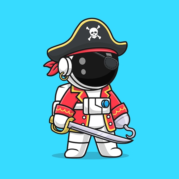 Free Vector cute astronaut pirate captain with sword cartoon vector icon illustration science holiday isolated