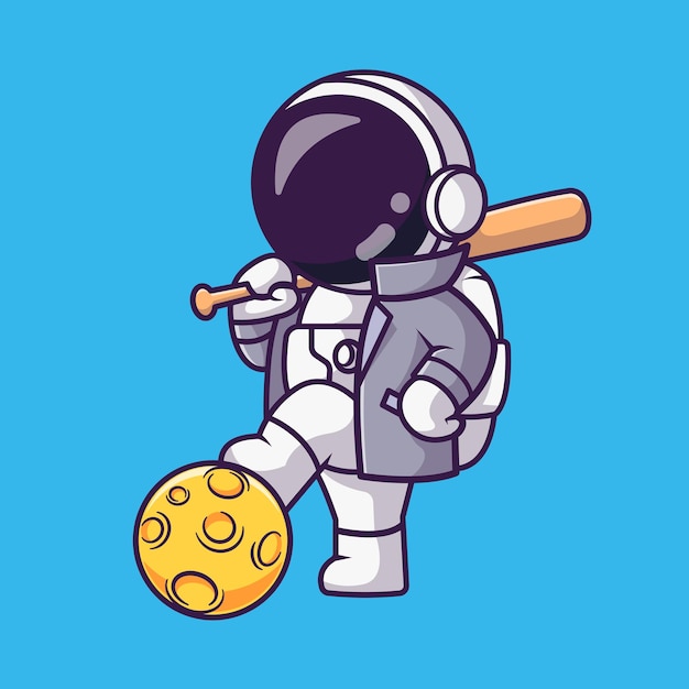 Free Vector cute astronaut playing baseball with moon cartoon vector icon illustration science sports isolated